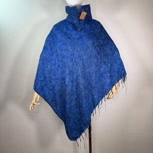 NEW NWT Zig Zag Brushed Woven Fringe Poncho Fair Trade Shawl Made in Nepal O/S